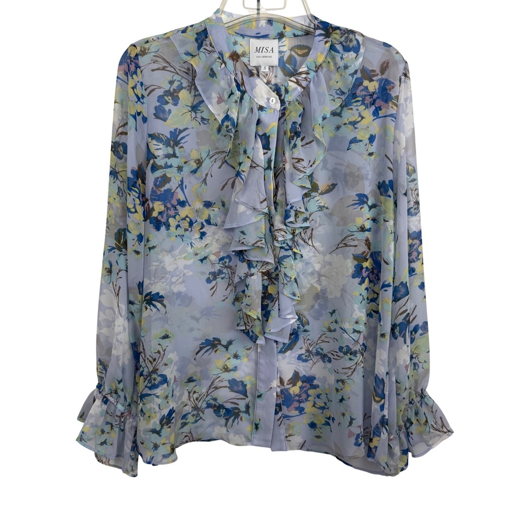 MISA Los Angeles Floral Ruffle Blouse Sheer Boho Romantic Top Size Small Boho